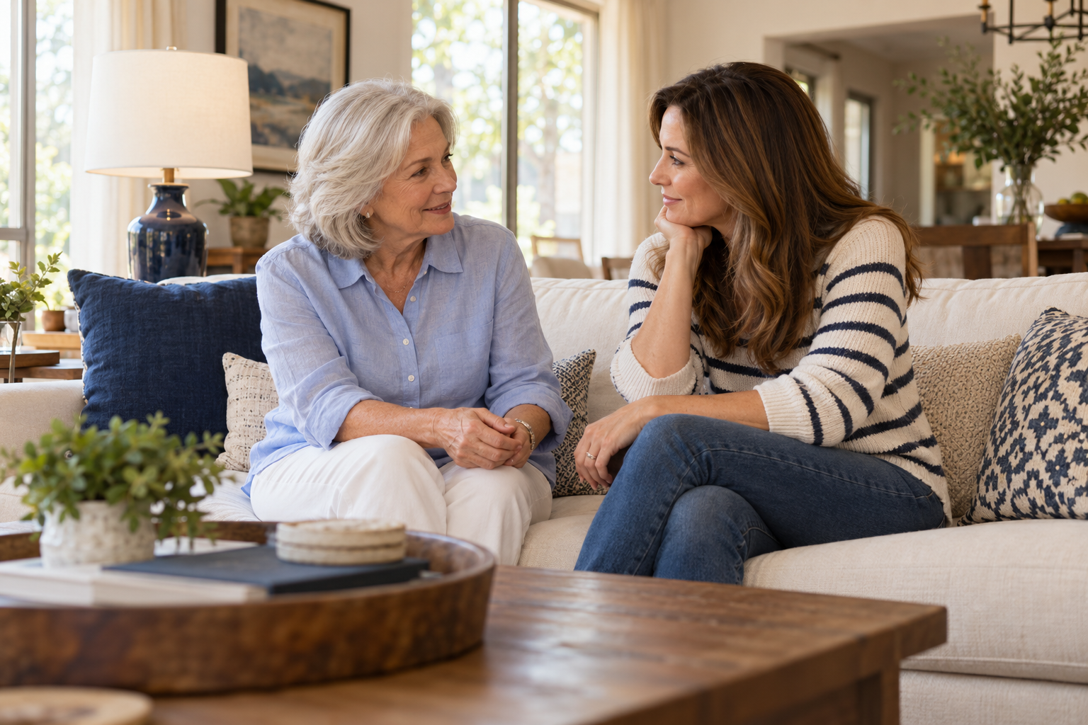 A mature woman and her adult daughter sharing a conversation at home